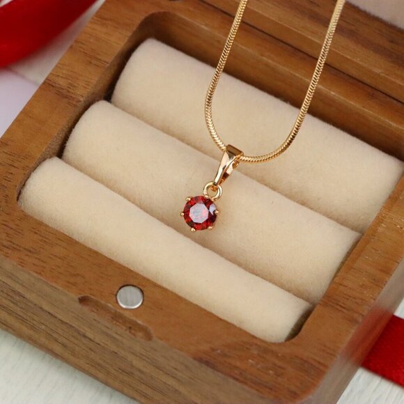 "Tiny Round Red Stone Rose Gold Pendant – Minimalist Design, XPPT1600 - Picture 10 of 13